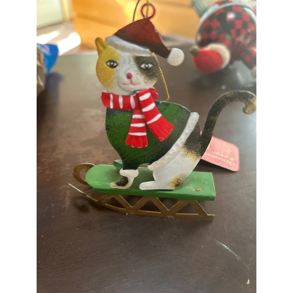 World Market Calico Cat on Sled Metal Christmas‎ Ornament Red Santa Hat Scarf